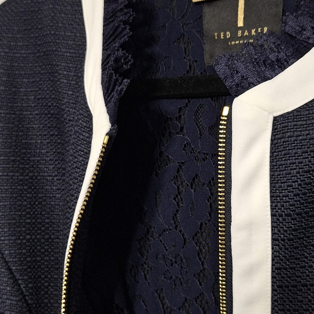 Ted Baker Navy Textured Zip Blazer Lace Trim Gold Hardware Size 3 - Picture 6 of 6